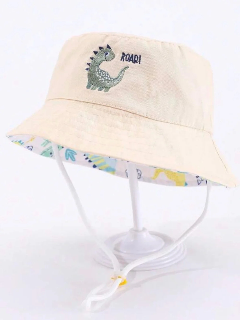 SHEIN Yellow & White Kids Dinosaur Print Reversible Bucket Hats